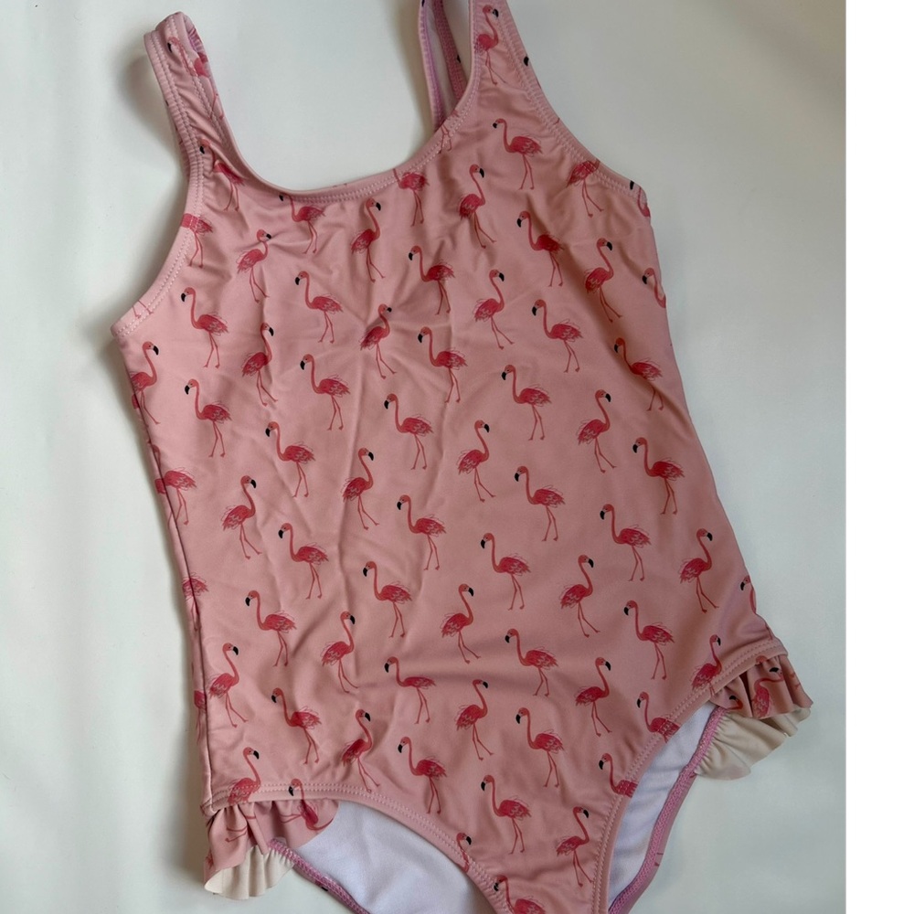 Emerson & Friends Girls Flamingo One Piece Swimsuit Pink Ruffle Size 10-12 EUC